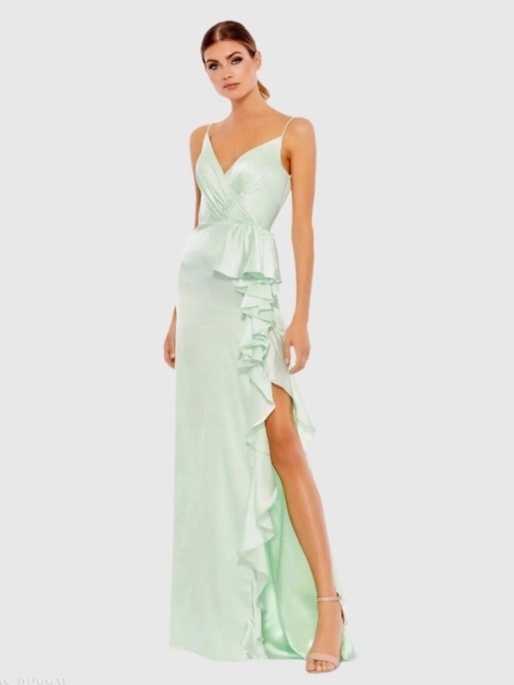 NWT Mac Duggal Size 0 Mint Green 67815 Satin Ruffled Asymmetrical Gown